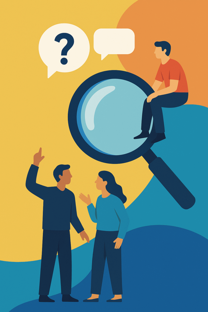 Illustration representing the Explainer section with a magnifying glass and people discussing ideas